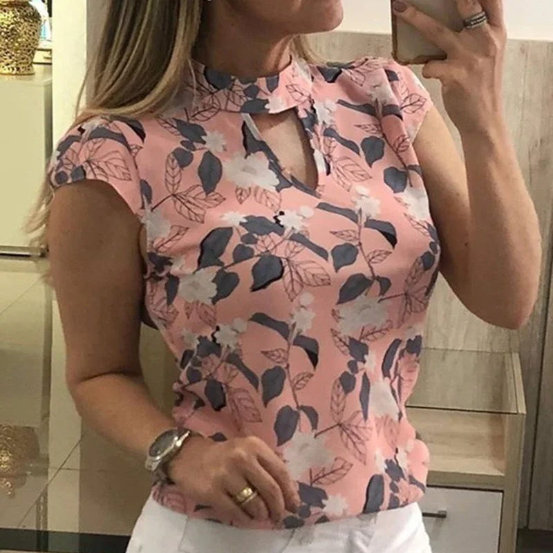 

OL Ladies Elegant Floral Printed Chiffon Blouses Plus Size 5XL Women Summer Short Sleeve Shirts Blusas Mujer Vintage Pink Blouse