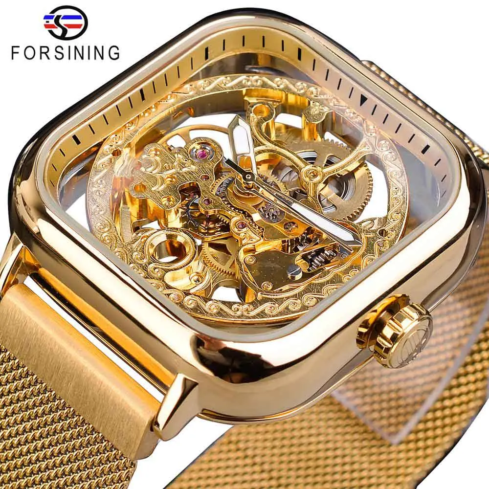 GMT1148-4 Forsining Golden Men Automatic Watch Square Skeleton Mesh Steel Band Mechanical Business Clock Relogio Masculino Erkek Kol Saati - Цвет: GMT1148-4