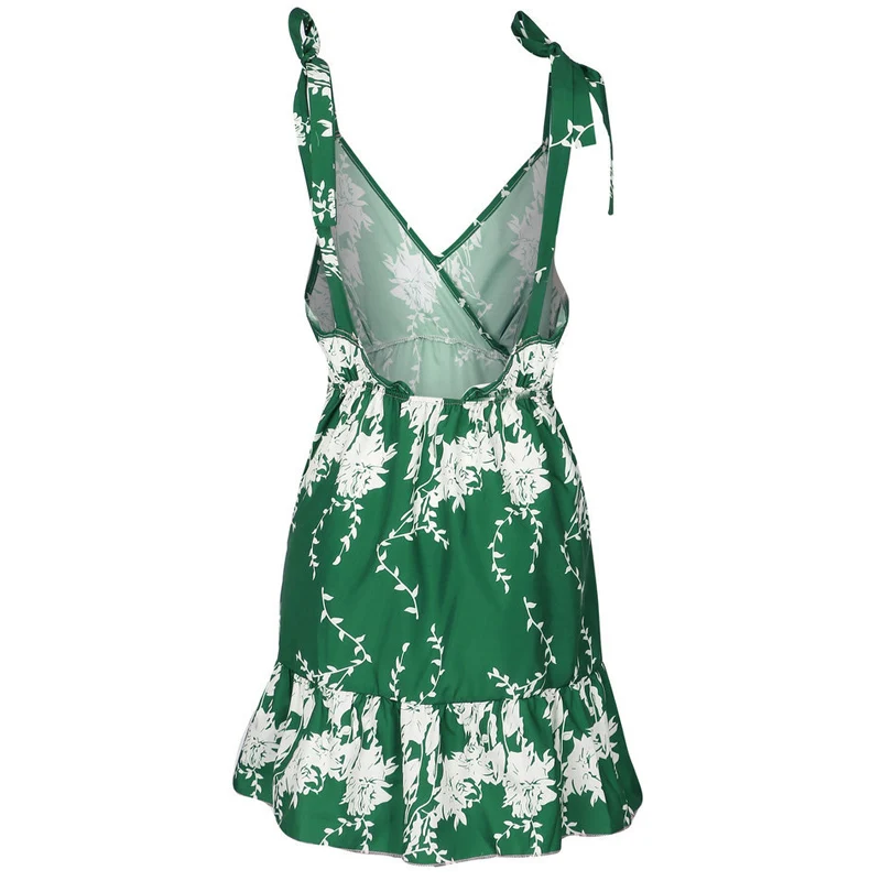 

Summer Women Dress 2020 New Casual A Line Floral Print Sleeveless Lace Up Dress Ladies V Neck Backless Green Mini Dresses