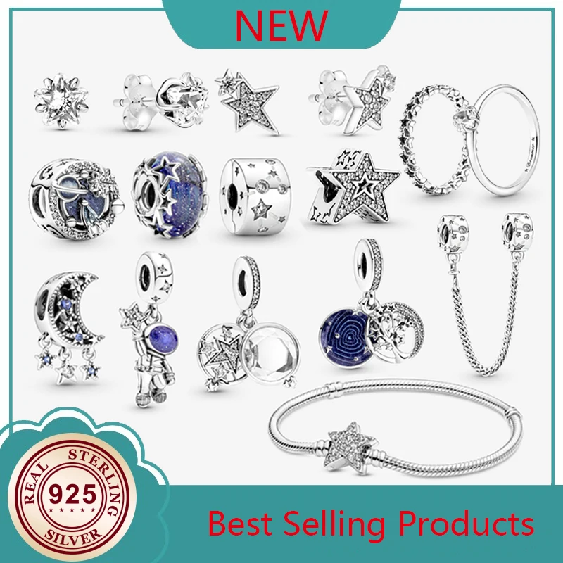 

New 925 Silver Galaxy Shining Stars Crescent Moon Beads Are Suitable For The Original Pandora Bracelet Women's Diy Charm Jewelry