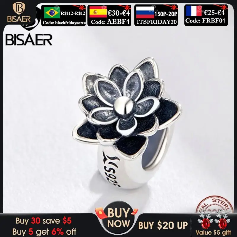 

BISAER Lotus Beads 925 Sterling Silver Black Enamel Lotus Flower Charms Beads fit Women Bracelets Bangles DIY Jewelry ECC1196