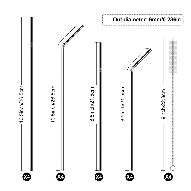 16 Pcs Straw Stainless Reusable Metal Drinking Straws Steel Sturdy Bent Straight with Cleaning Brush | Дом и сад