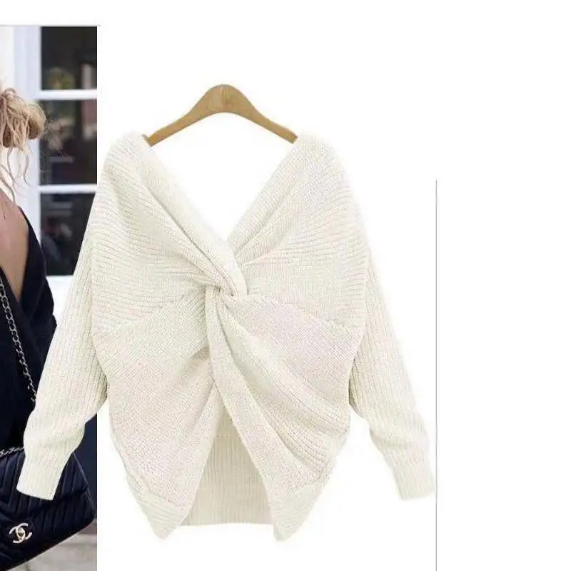 Новая мода Личность v-образный вырез открытая спина свитер с круглым вырезом и
