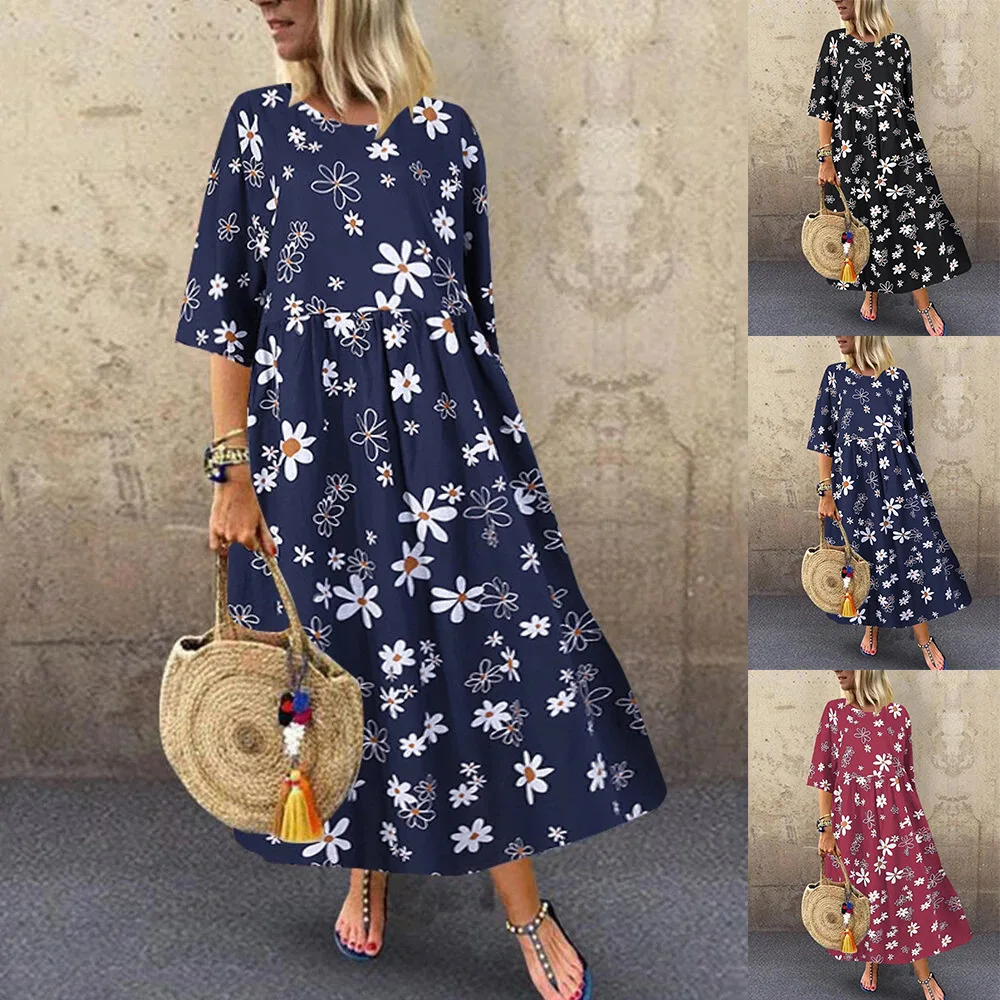 

New Spring French Women Casual Dress Muslim Moroccan Kaftan Floral Print Maxi Vestidos Eid Mubarak Abaya Sundress Robe Plus Size