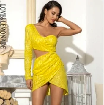 Love& Lemonade, сексуальное зеленое платье с вырезами, с одним рукавом, блестящее, с клеевым бисером, материал, облегающее, вечерние платья, LM81650 - Цвет: YELLOW