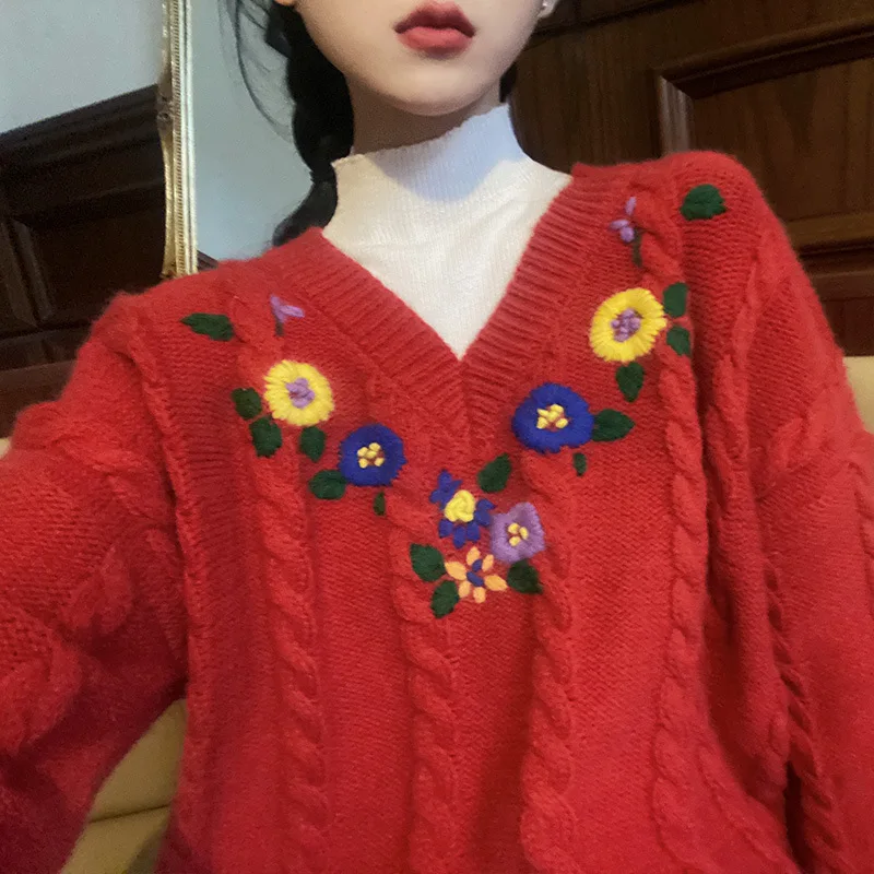 Новинка осень/зима свитер с длинным рукавом ручной вышивкой Свободный Вязаный