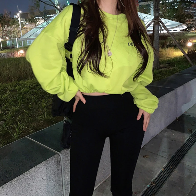 

Rainbowwaves Sexy Drawstring Hoodies Letter Embroidery Sweatshirt Women Crop Casual Solid Long Sleeve Short Tops