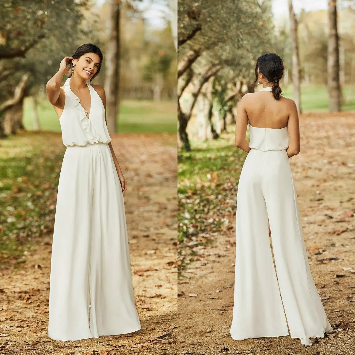 

Bohemian Country Halter Wedding Dress Jumpsuit 2021 Sexy Backless Chiffon Robes De Mariée Boho Beach Bride Dresses Pant Suit