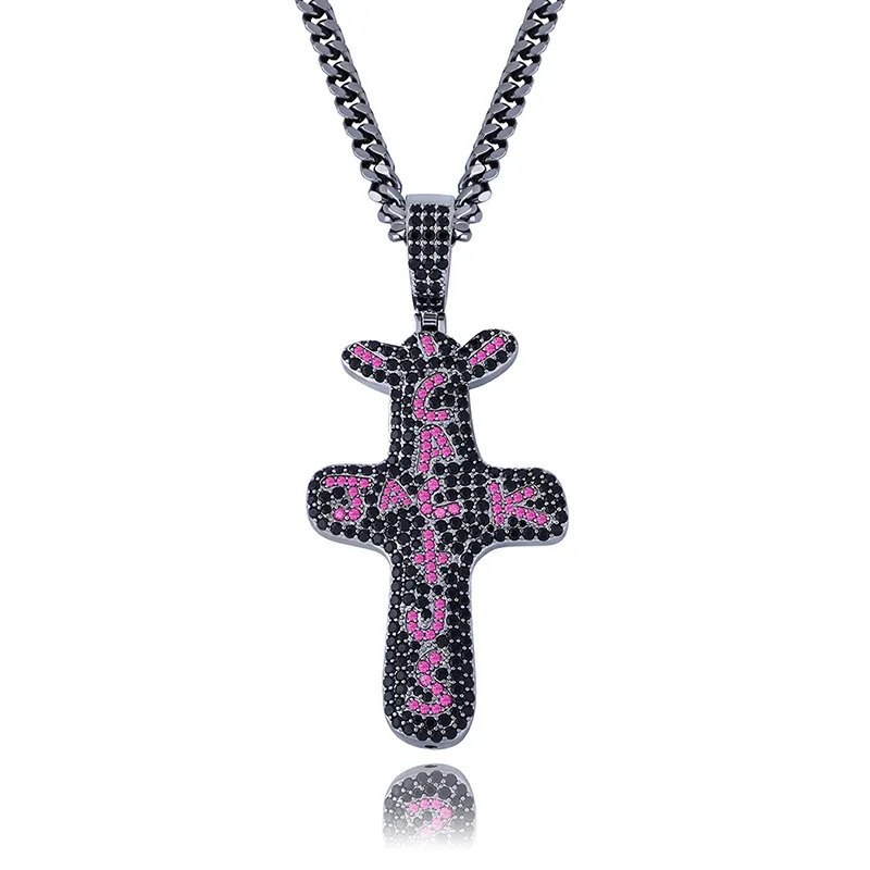 

Hip Hop Back AAA CZ Stone Paved Bling Ice Out Solid Cactus Jack Cross Pendants Necklaces for Men Rapper Jewelry Drop Shipping