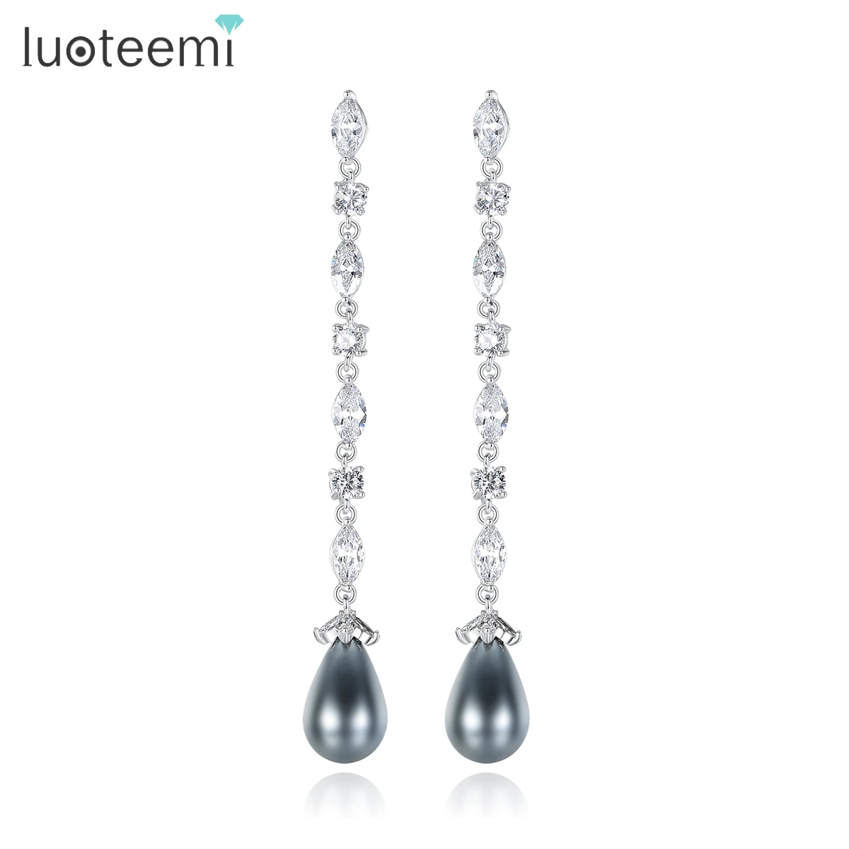 

LUOTEEMI Long Tassel Brilliant Cubic Zirconia Statement with Gray Waterdrop Imitation Pearl Dangle Earring For Women pendient