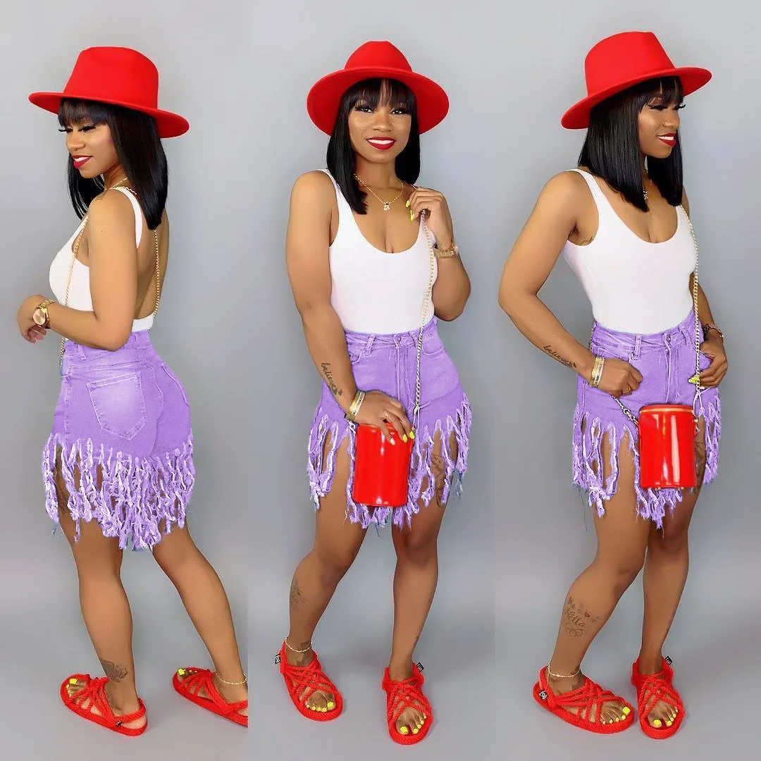 

Women's Bohemian Jeans Fringe Brushed Fashion All-match Denim Shorts Casual Straight Pants S3553