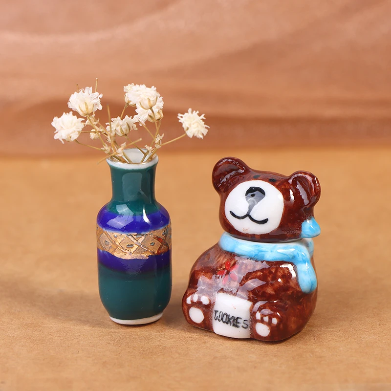

1:12 Dollhouse Miniature Ceramics Bear Jar Flower Vase Set Model Furniture Accessories For Doll House Decoration Kids Toys