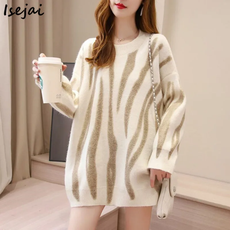

Striped Print Knitted Sweater Pullover Women Elegant Pullovers Womens Loose Long Sweaters Autumn Winter
