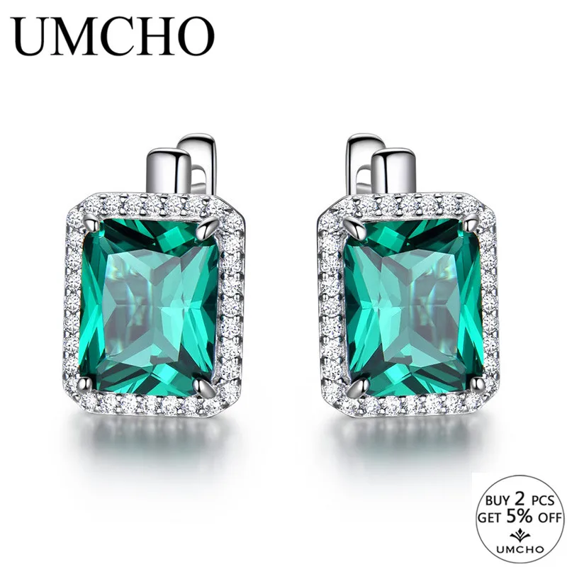 UMCHO, роскошные, прямоугольные, изумрудные, клипсы, серьги, твердые, 925 пробы, серебряные, цветные, драгоценные камни, серьги для женщин, хорошее ювелирное изделие