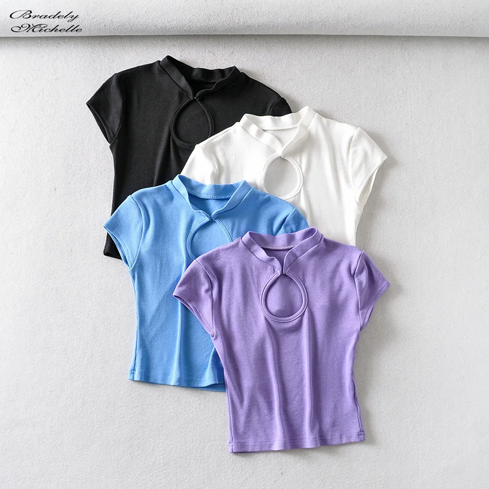 Модный сексуальный летний женский кроп-топ с вырезом облегающая футболка