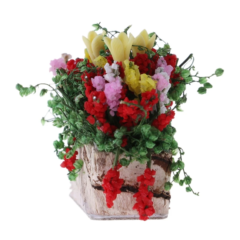 

2020 New New 1:12 Multicolor Flower Bush With Wood Pot Dollhouse Miniature Doll Parts