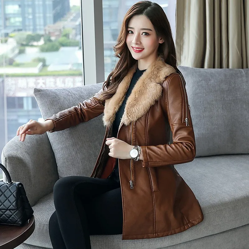 Fashion Fur Collar Slim Faux New Winter Thick Warm Jacket Women PU Leather Coat Korean Female Overcoat Parkas | Женская одежда