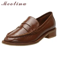 meotina women pumps genuine leather mid heel loafers shoes round toe slip on shoes female chunky heels dress footwear brown 40