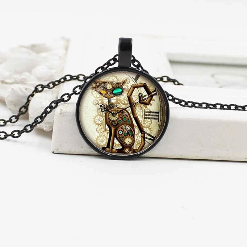 Новая мода стимпанк кошка кулон часы Подвеска Ожерелье из стекла ювелирные