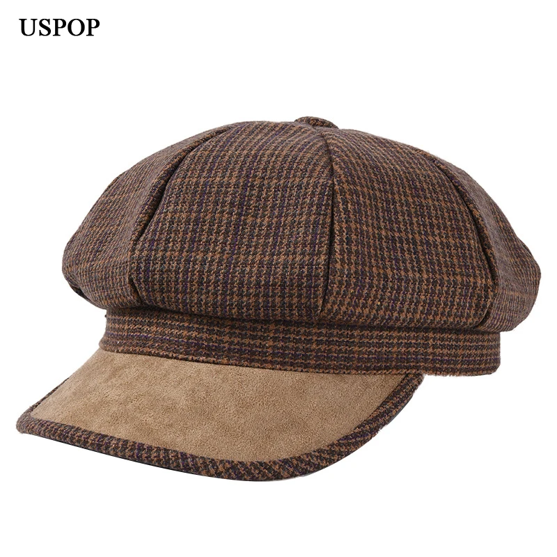 Женская Шерстяная кепка в клетку USPOP винтажная Кепка с восьмиугольным козырьком