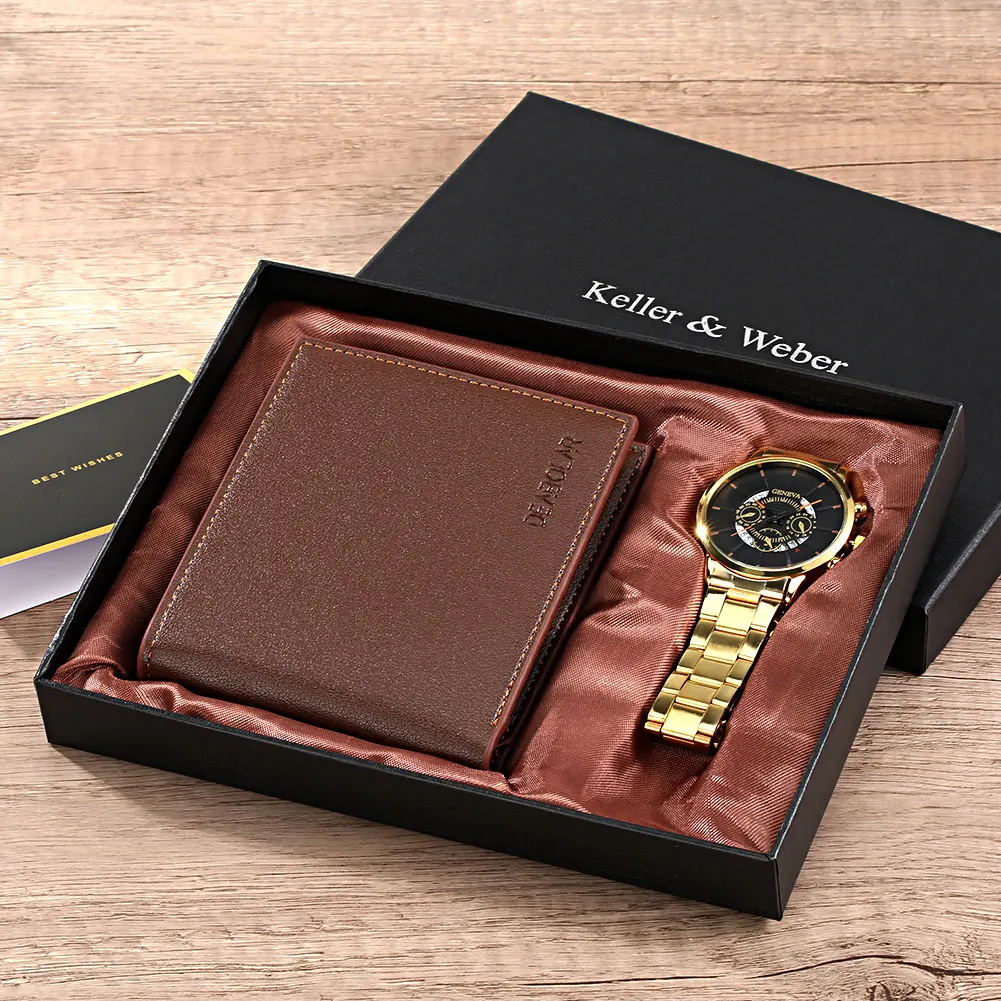 

Business Gold Watch Male Quartz Watch Minimalist Dial Folding Buckle Man Leather Brown Zip Wallet Birthday Gift Box for Husband