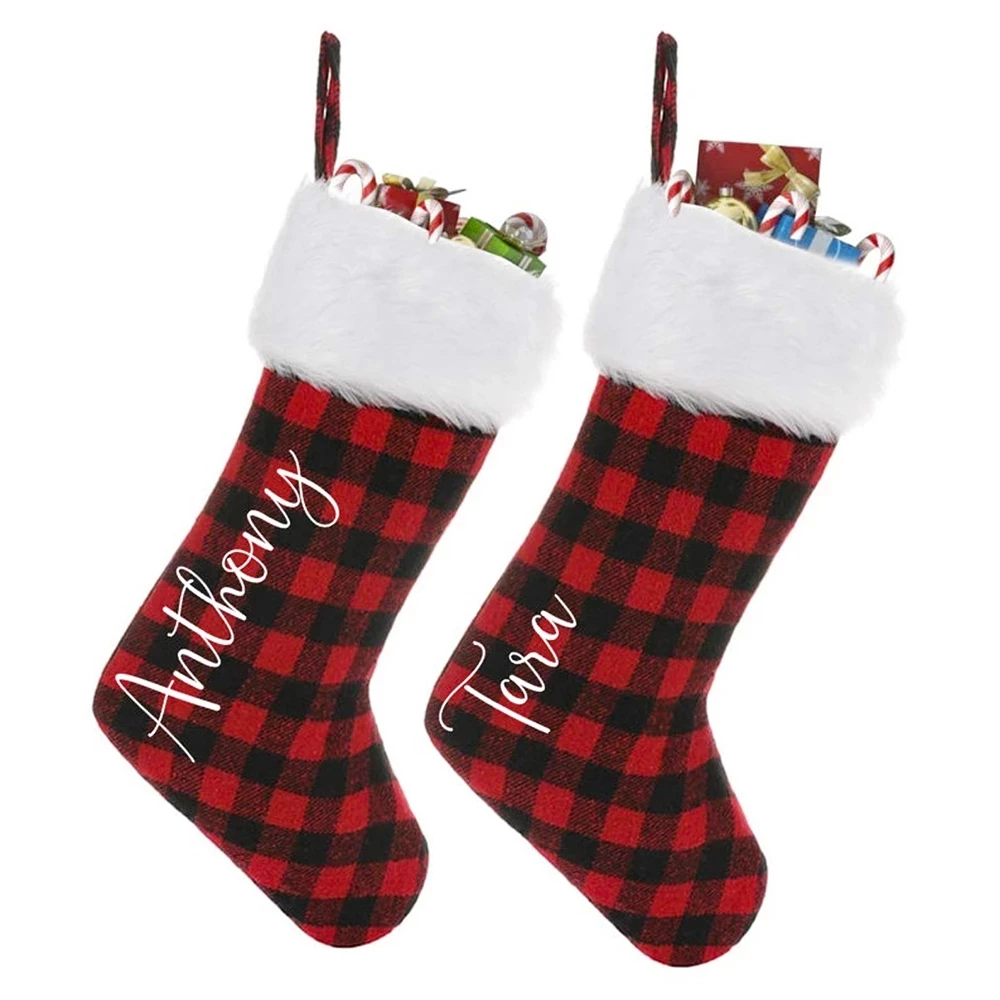 

1PC Personalized Christmas Stocking Add Your Name Christmas Ornament Plaid Red Black White Stockings