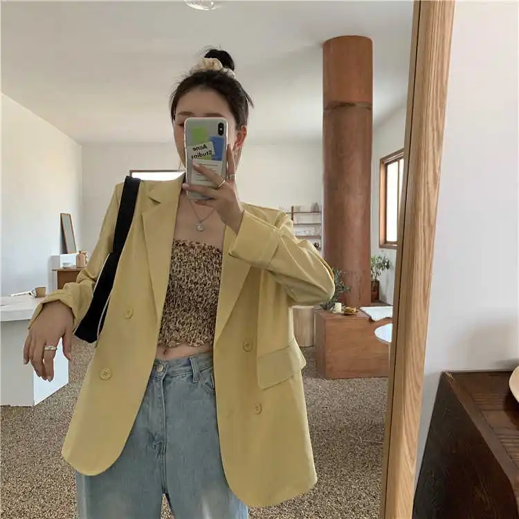 

Loose Casual Chiffon Suit Jacket for Women Trendy Ins Spring and Autumn Korean Style Double Breasted All-Matching Thin Type Best