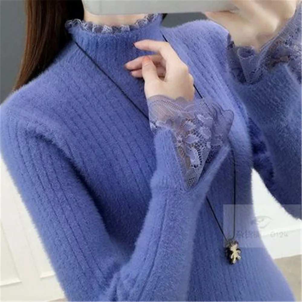 

Winter Clothes Women Korean Fashion Slim Sweater Lace Design Turtleneck Warm Basic Long Sleeve Top Ladies Sweater Pull Femme