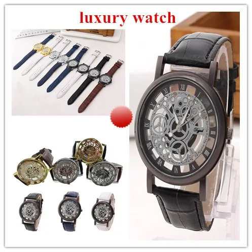 

Men Luxury Stainless Steel Case Quartz Wristwatch Waterproof Military Sport Leather Band Watch Fashion Hollow out Dial Watch