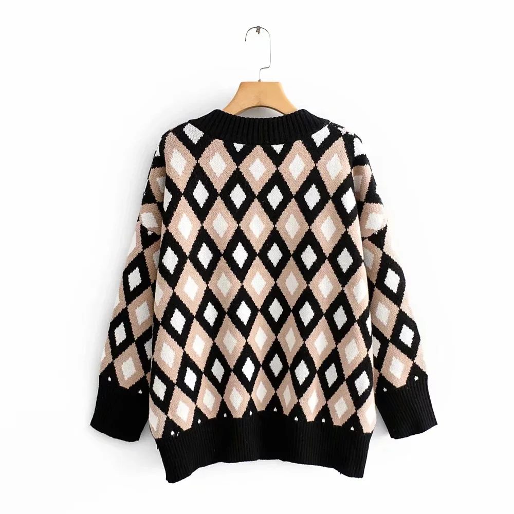 autumn winter fashion sweater pullover v neck women plaid oversize v-neck loose long sleeve school style ladies | Женская одежда