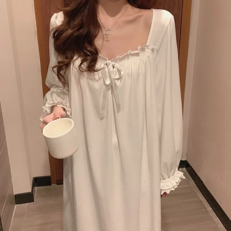 

Harajpee Princess Style Nightgowns Women 2021 Spring New Japanese Kawaii Lace Puff Sleeve Square Collar Loose Outwear Sleepwear
