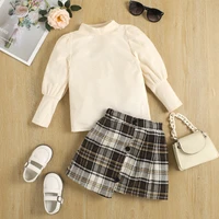 cute girls clothes sets puff sleeve knitted tops mini irregular plaid skirts outfits girl clothing spring casual kids girl sets