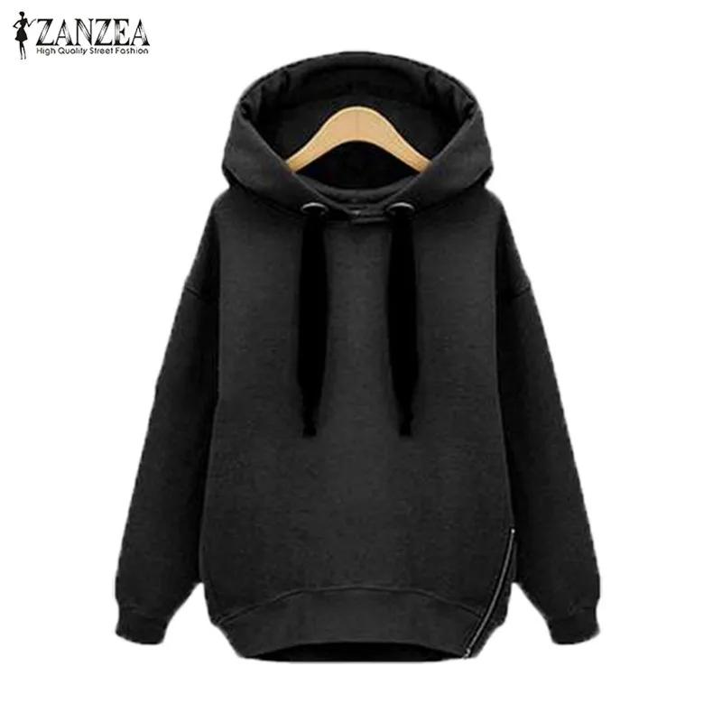 

ZANZEA Women Autumn Hoodies Long Sleeve Sweatshirt Casual Side Zip Sweatshirts Solid Harajuku Tops Hooded Pullovers