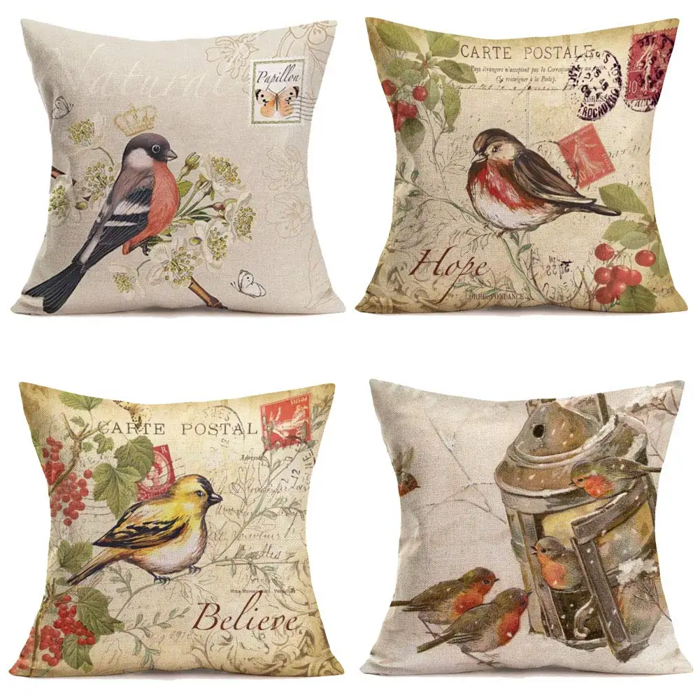 

Bird magpie retro printed linen pillowcase sofa cushion cover home decoration can be customized for you 40x40 50x50 60x60 45x45
