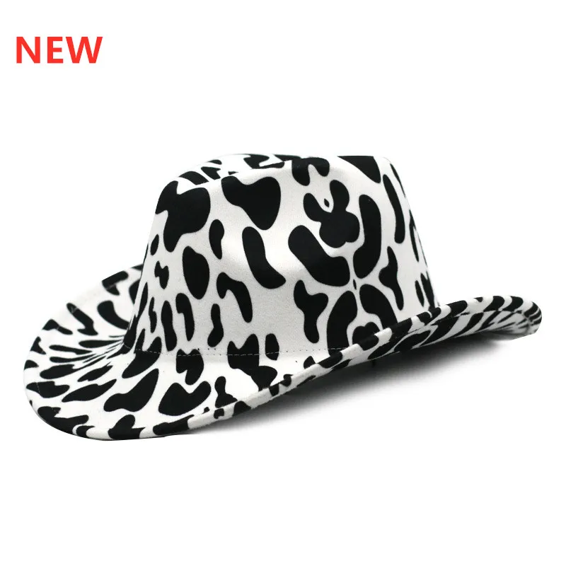 

Thickened Two-sided Cow Fedora Hats Pattern Cowboy Hat With Rolled Brim Western Jazz Felt Hat Women Vintage Panama Wholesale