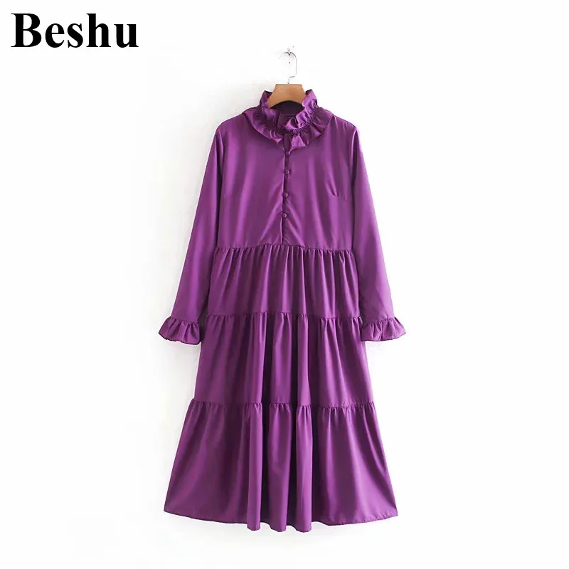Модное платье ZA 2019 яркое фиолетовое Каскадное с рюшами рукавом бабочкой со