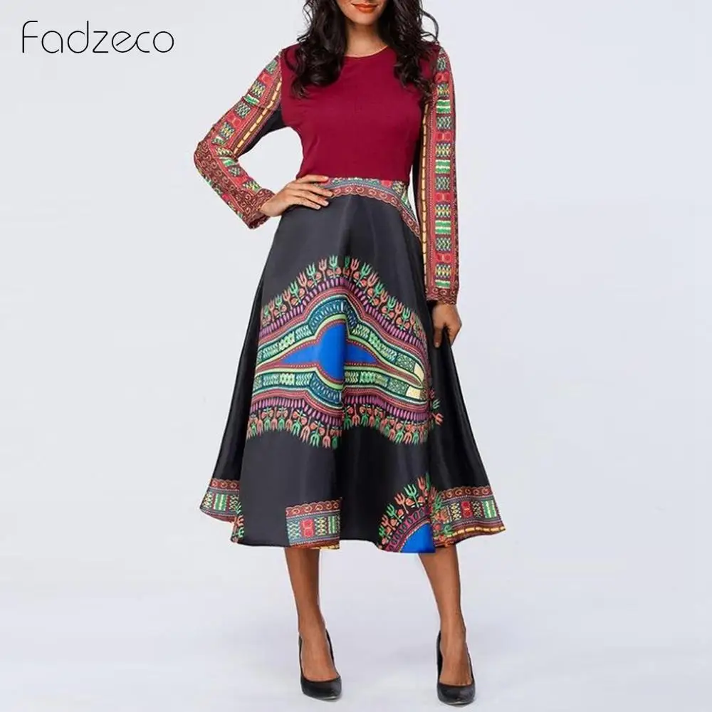 Fadzeco Новое Африканское платье Femme модное миди с принтом длинными рукавами