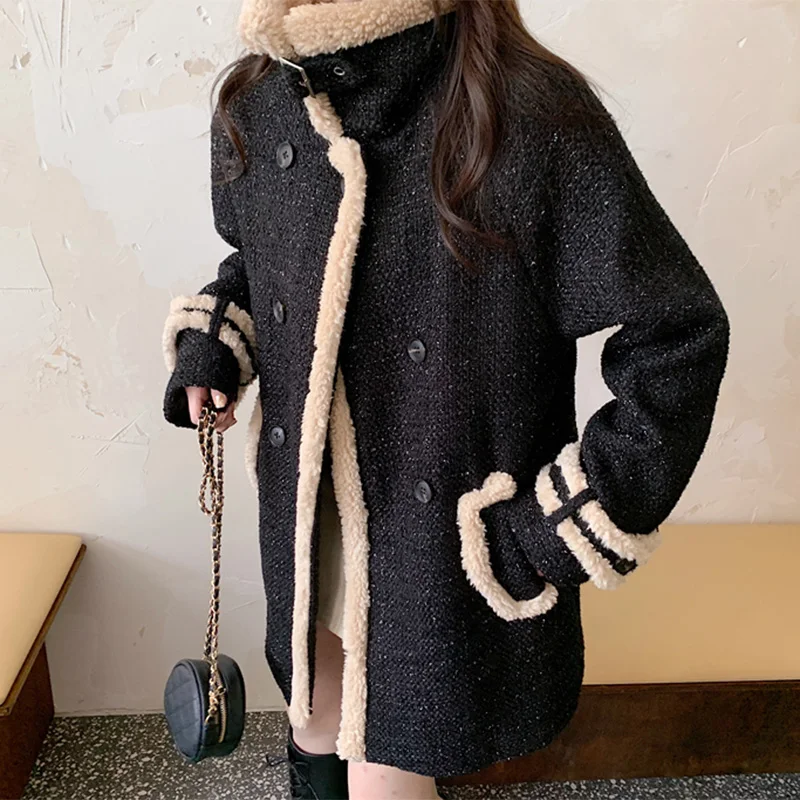 Женское твидовое пальто с карманами винтажное уличное теплое длинными рукавами