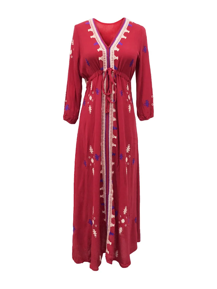 

Summer Beach Cotton and Linen Dress Women Elegant Long Dresses Red Chiffon Maxi Sexy Boho Dress Vestidos Verano KJ1932