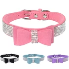 Ошейник для собак, домашний ошейник из кожи с кристаллами, украшенный бантом, полная стразы, мягкий ошейник для щенков и кошек малого и среднего размера