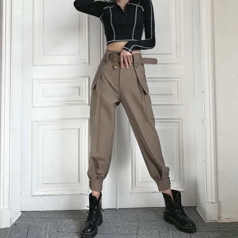 

2021 Fashion Women Streetwear Cargo Pant Korean Style Wide Leg Elastic Waist Harem Pant Female Casual Loose Jogger Trouser Women