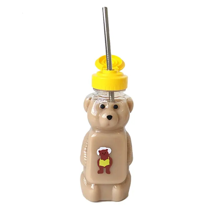 

Lovely Cartoon Bear Straw Cup Water Bottle with Lid Leakproof Home Travel Couple D7WE