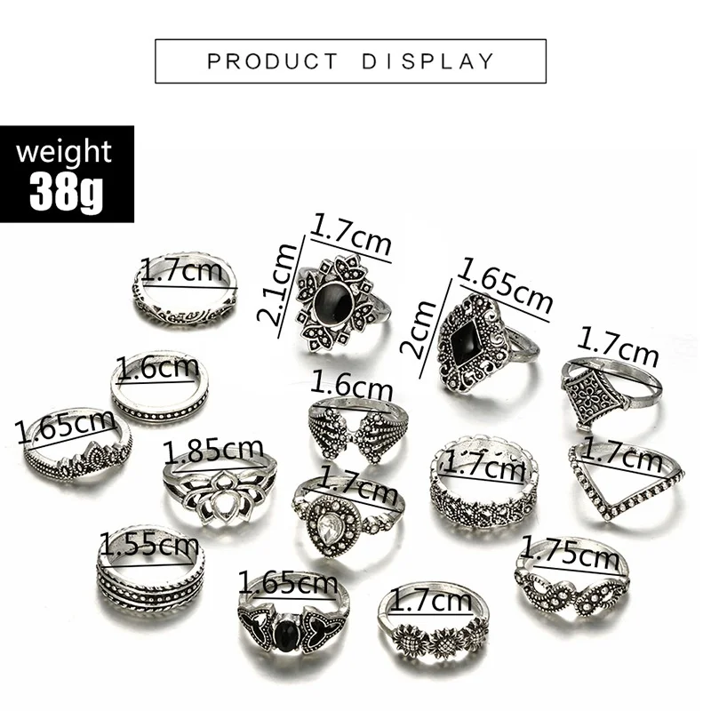 

15Pcs/Set Bohemia Flowers Crystal Crown Finger Ring Set Joint Knuckle Rings Women Jewelry Accessories for Gifts