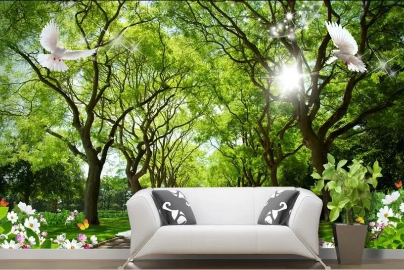 3D фон настенная фотография бумага 3d большое дерево зеленый авеню Солнечный белый