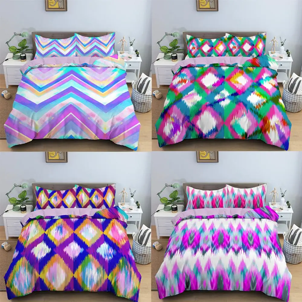 

2/3pcs 3D Colored Grid Bedding Set Geometric Tie Dye Duvet Cover King Queen Quilt Cover Comforter Cover Household Goods
