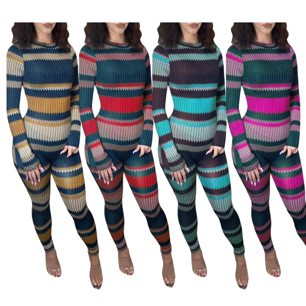 

Colorful Stripes Women Skinny Rompers for Party Nightclub 2020 Newest Fall O Collar Neck Long Sleeves Tight Jumpsuits Real Image