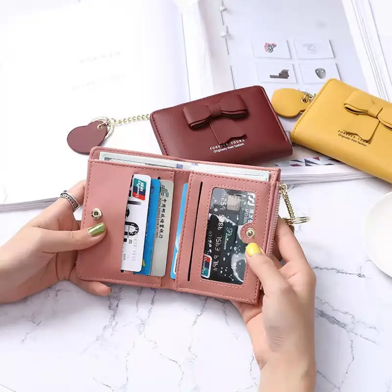 

Модный маленький кошелек в Корейском стиле, женский короткий кошелек в студенческом стиле с бантом и складной пряжкой, новинка 2021