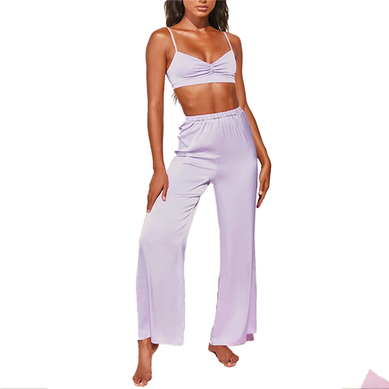 Женский Атласный Костюм с лямкой на шее однотонный пикантный короткий топ