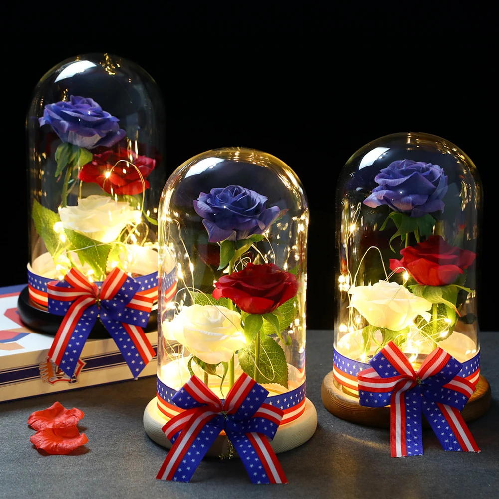 Artificial Eternal Rose LED Light External Glass Cover Rose American Patriotic Ribbon Luminous Flower Lamp Fairy Lights String