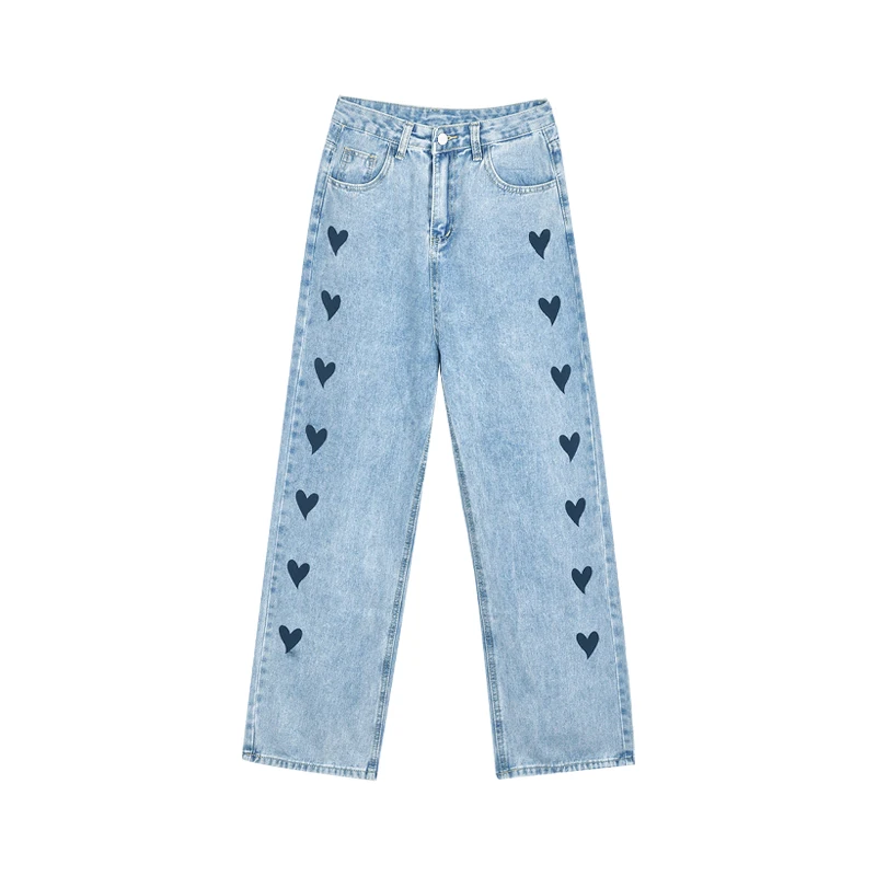 

Side Sweet Heart Printed Women Jeans Autumn New High Waist Wide Leg Ankle Length Casual Female Pants Top Quality